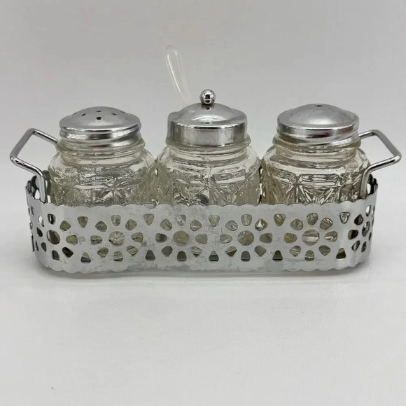 Vintage Salt, Pepper, & Mustard Jar Set In Basket Original Spoon Hong Kong - Picture 1 of 8